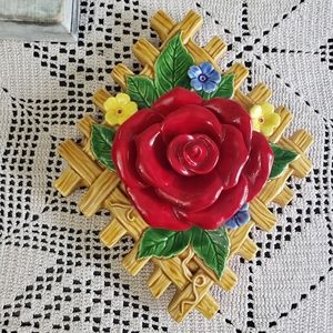 Vintage Ceramic 3D Rose Buds with Lattice Details Wall Decor Made in Japan